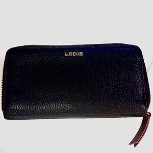 Lodis Leather Wallet Black pebble and smooth leather with Red Trim